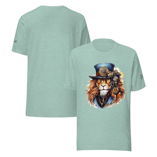 Light green t-shirt with a steampunk lion design on a white background