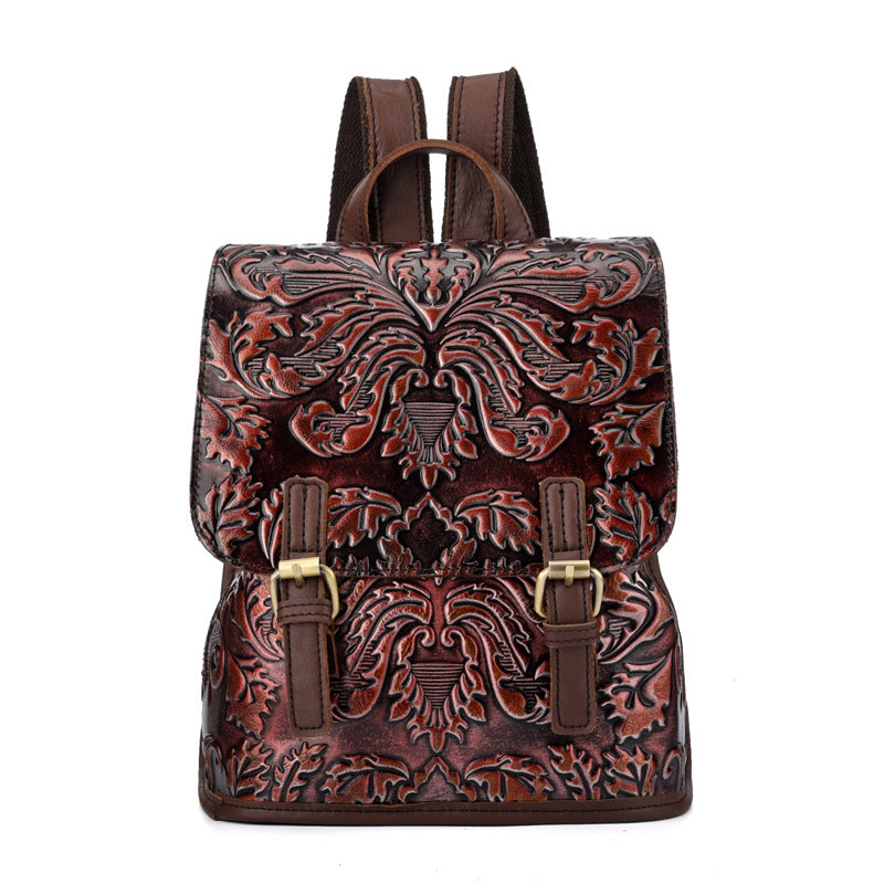 Vintage Embossed Leather Backpack – Artisan Coffee Brown