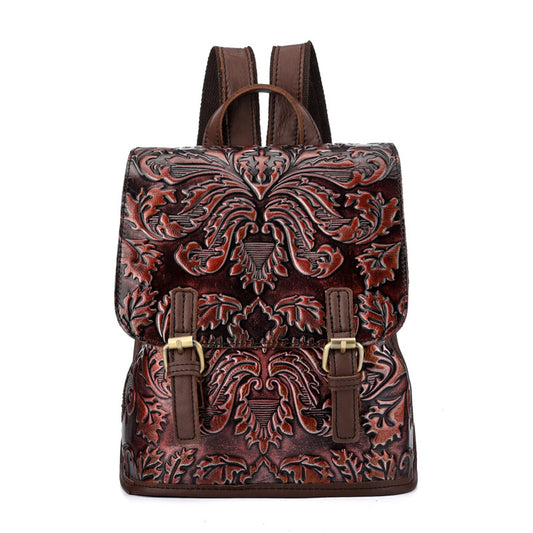 Vintage Embossed Leather Backpack – Artisan Coffee Brown