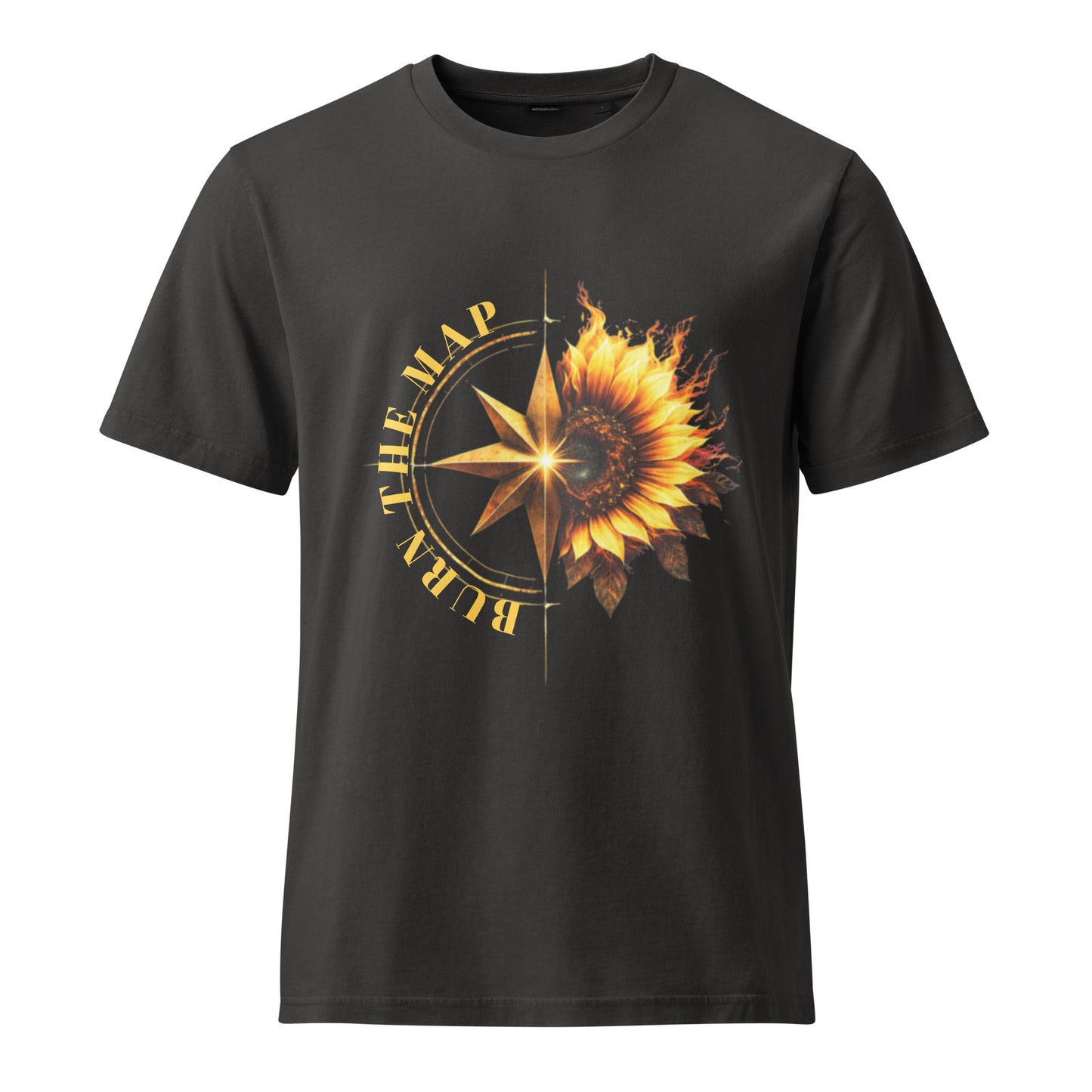 Black t-shirt with a sunflower and compass design on a white background