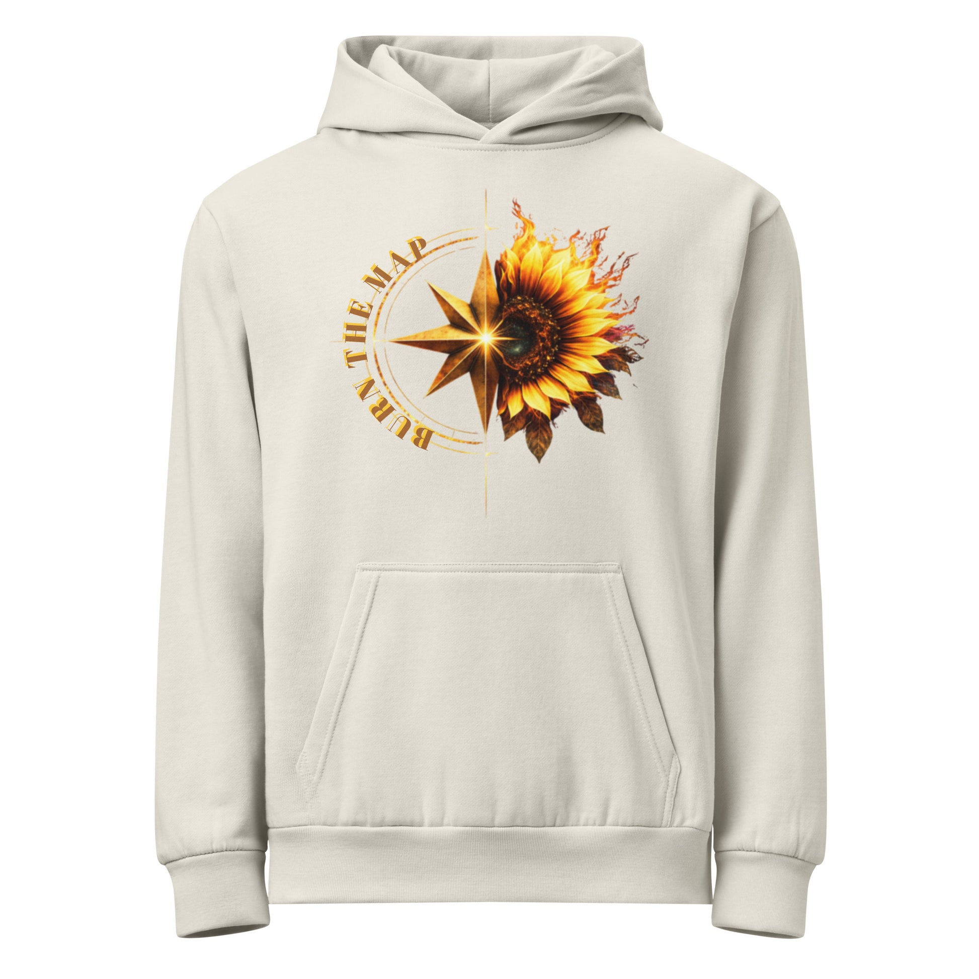 White hoodie with sunflower graphic and text on a white background