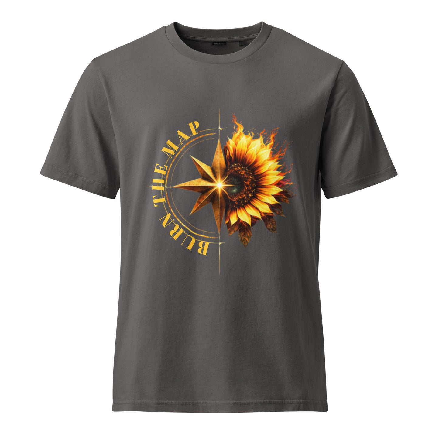 Gray t-shirt with sunflower and compass design on a white background