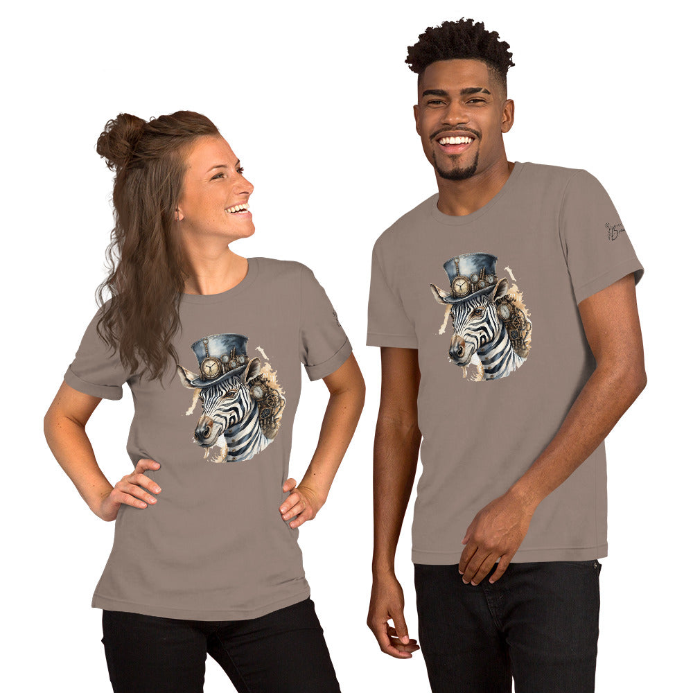 Two people wearing matching t-shirts with a zebra design on a white background