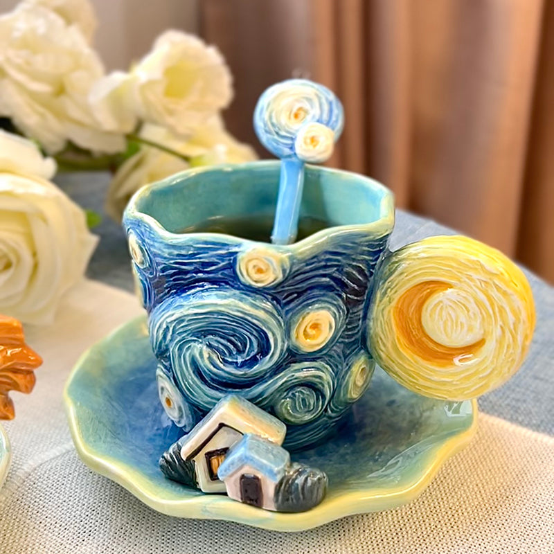 Ceramic teapot with starry night design on a table with flowers in the background
