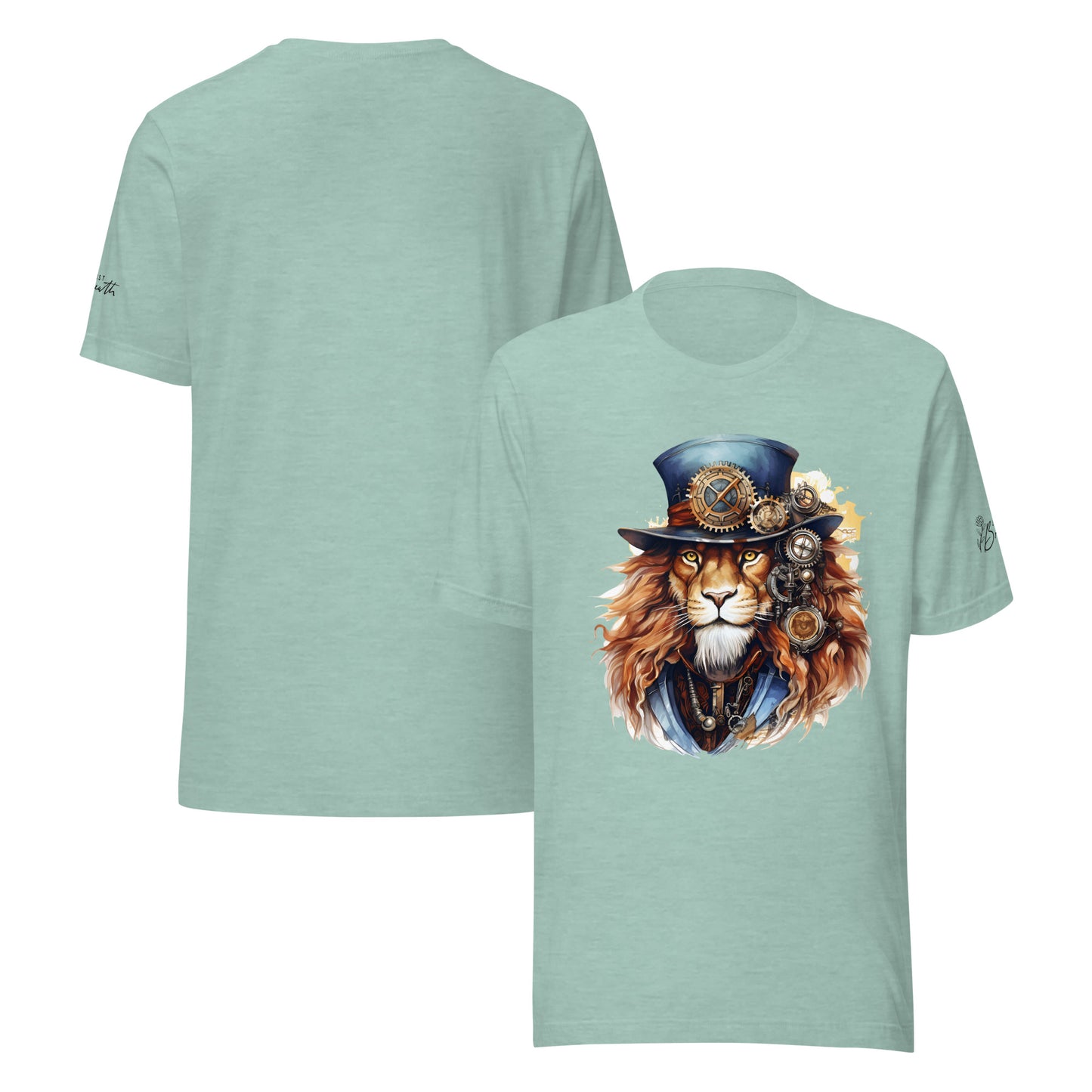 Light green t-shirt with a steampunk lion design on a white background