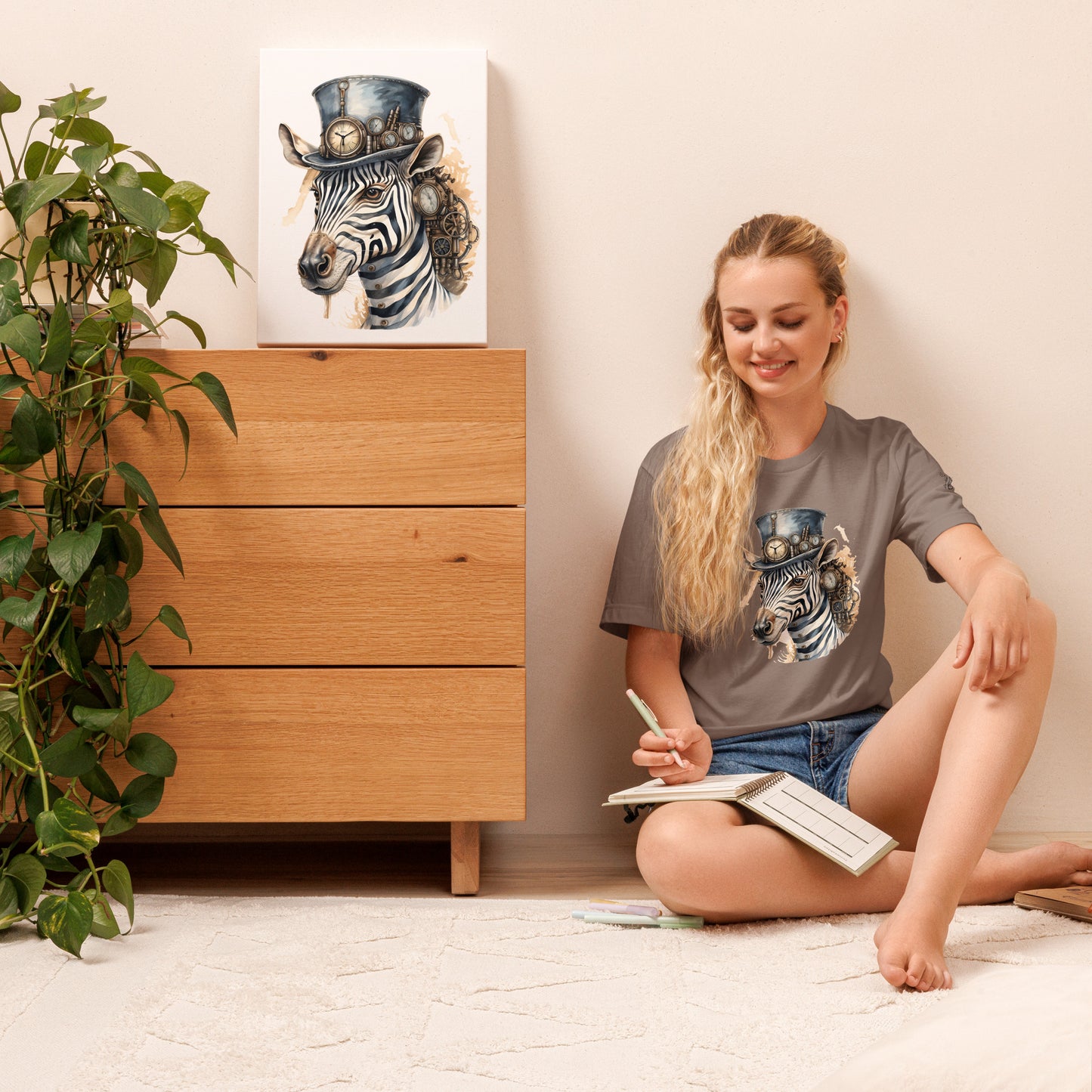 Woman sitting on the floor with a book, wearing a t-shirt with a zebra design, in a room with a wooden dresser and plant.