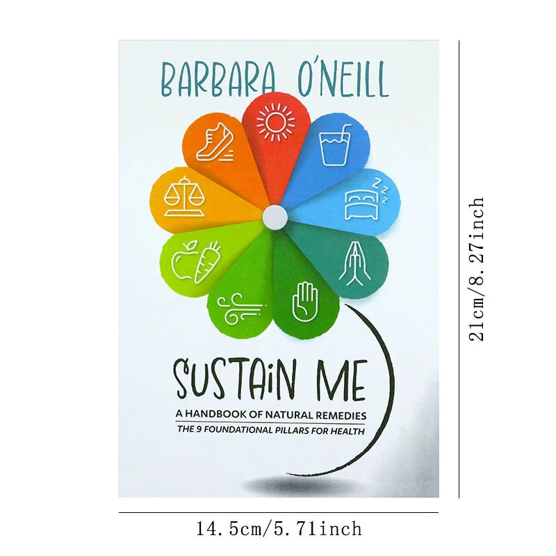 Book cover of 'Sustain Me' by Barbara O'Neill with colorful icons and dimensions on a white background