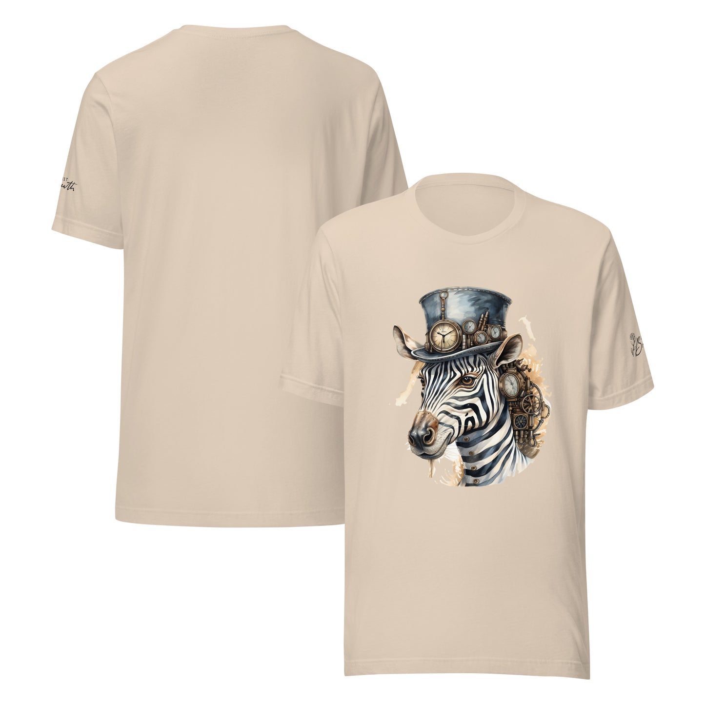 Beige t-shirt with a zebra wearing a top hat graphic on a white background