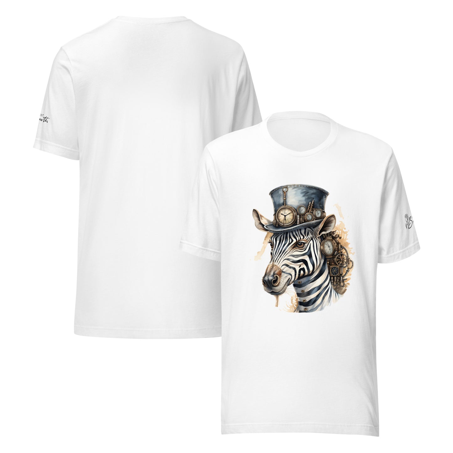 White t-shirt with a zebra wearing a top hat design on a white background