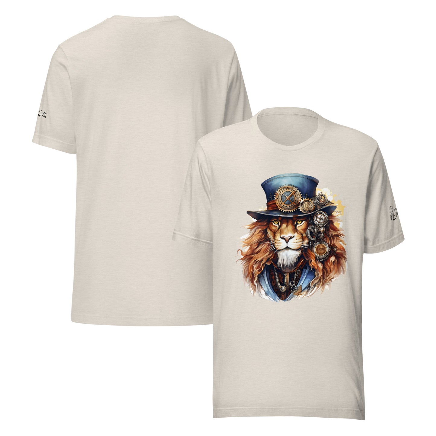 Beige t-shirt with a lion wearing a top hat and goggles design on a white background