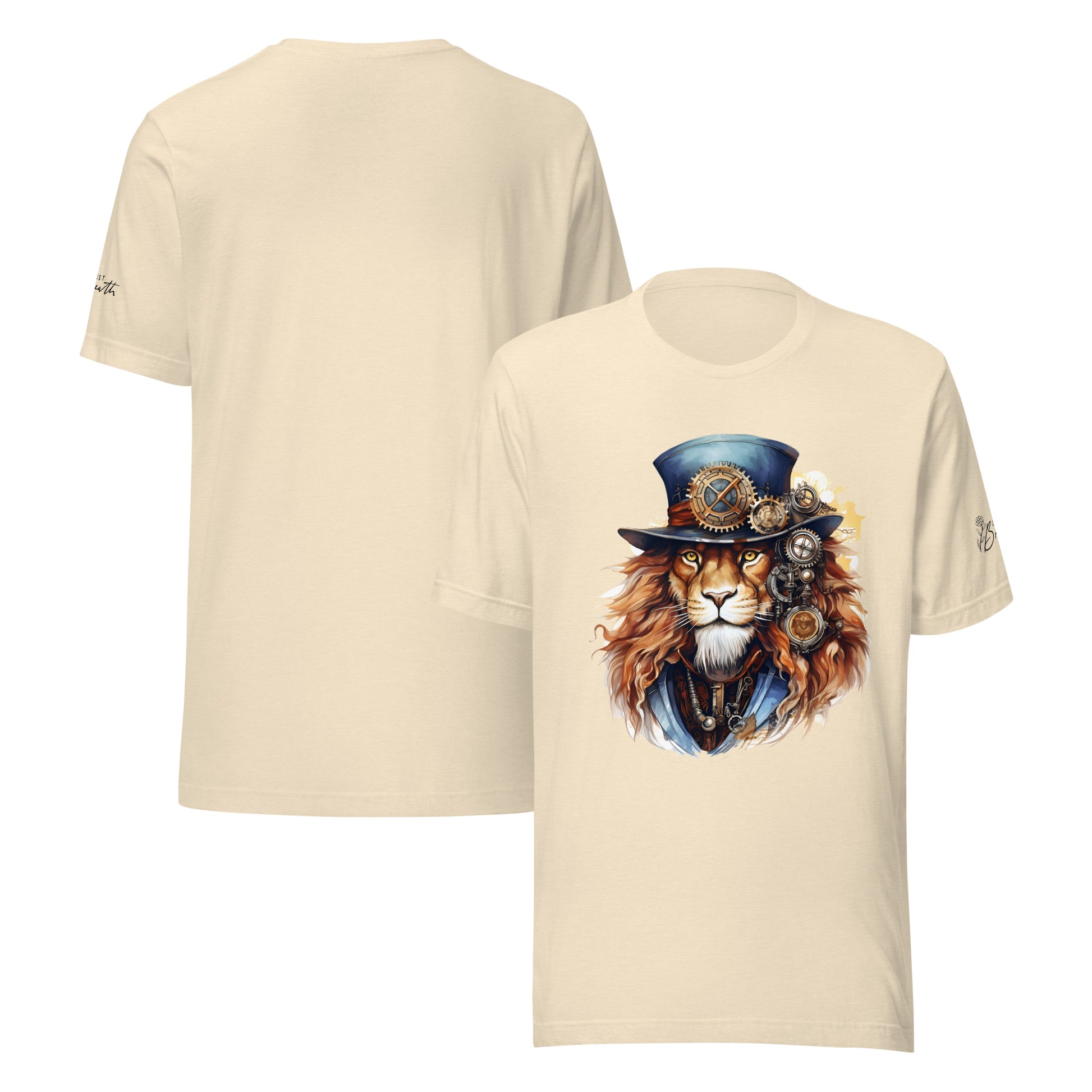 Beige t-shirt with a lion wearing a top hat and goggles design on a white background