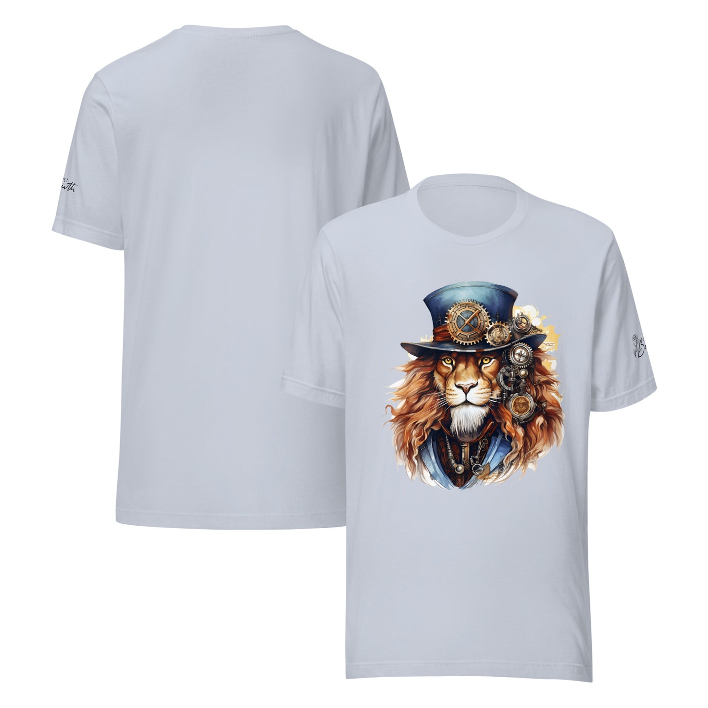 White t-shirt with a lion wearing a top hat and goggles design on a white background