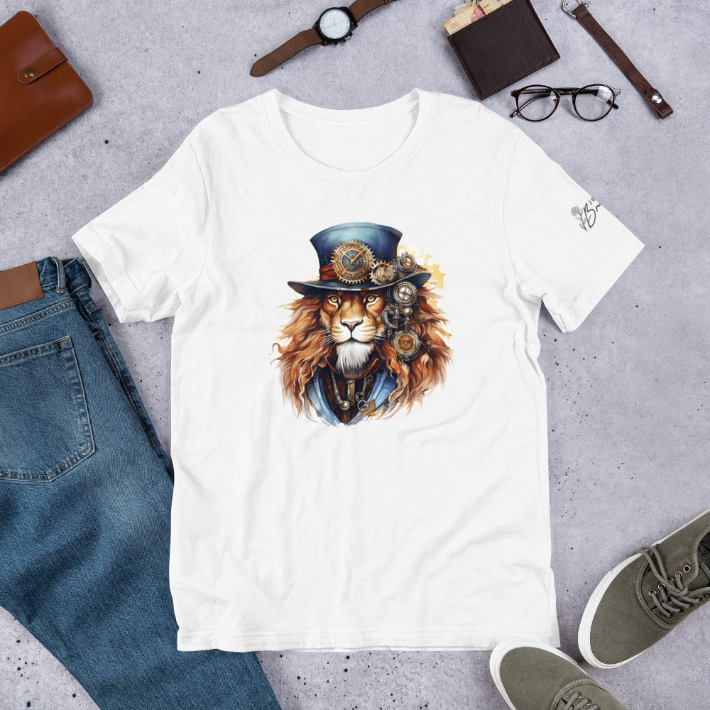 White t-shirt with a lion wearing a top hat design, surrounded by jeans, shoes, and accessories on a gray surface.