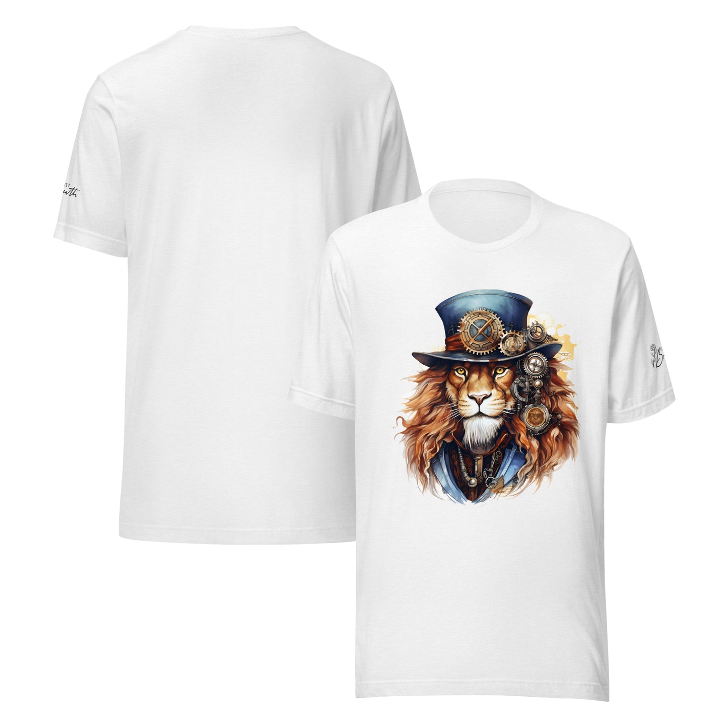 White t-shirt with a lion wearing a top hat and goggles design on a white background